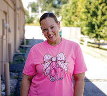 Load image into Gallery viewer, Pink Bow &amp; Stethoscope Breast Cancer Support Tee